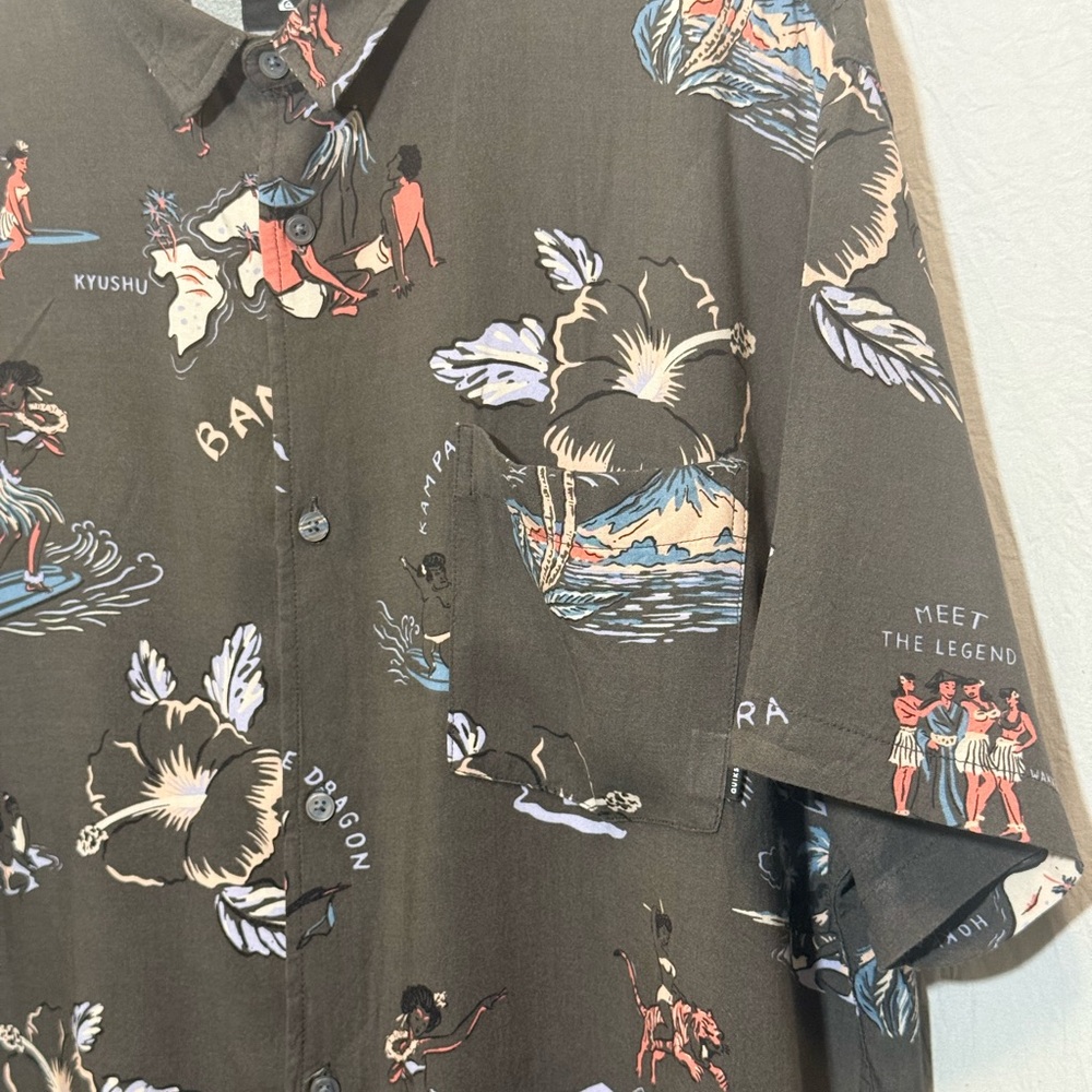Quiksilver Black Graphic Hawaiian Beach Vacation Surf Shirt - Picture 2 of 9